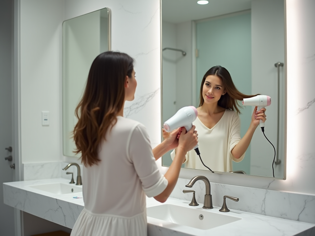 Woman using a hairdryer while looking in the bathroom mirror.