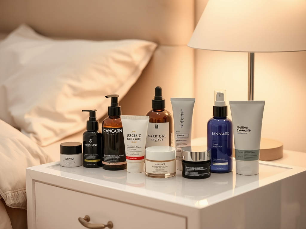 A wooden bedside table holds various skincare products next to a bedside lamp and fluffy pillows.